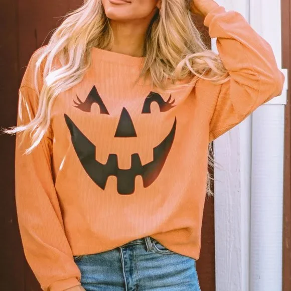 Orange Pumpkin Smile Face Graphic Sweatshirt - Picture 8 of 9